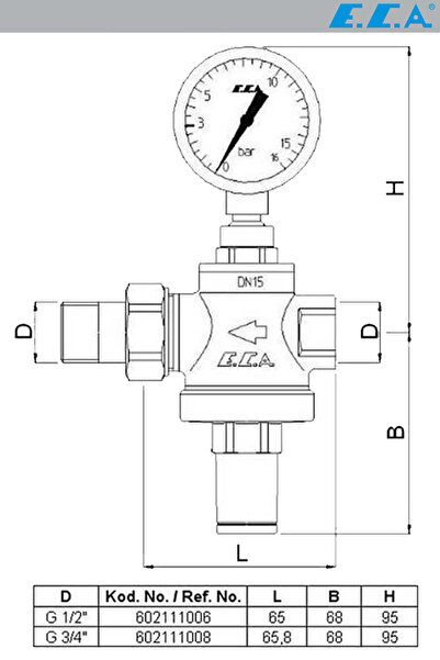 Eca 3/4 Manometreli Rakorsuz Basınç Düşürücü Regülatörü 602111010