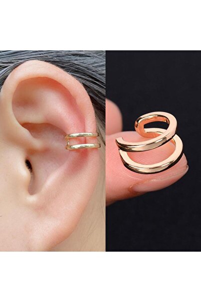 toptanhanem Çift Katmanlı Gold Kıkırdak Küpe | Sıkıştırmalı ve Deliksiz Tasarım