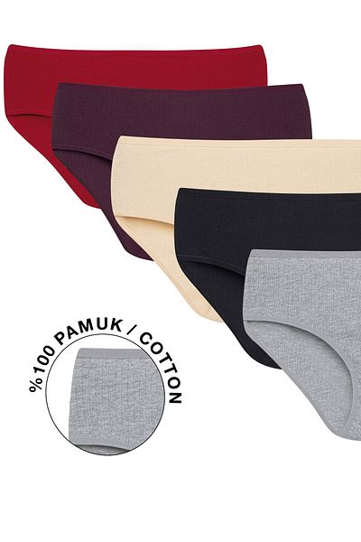 Ramior 5-Piece High Waist Soft Textured Ribbed Women's Panties Red, Plum, Black, Gray, Tan
