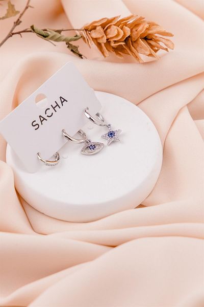 Sacha Accessories Silver Set Earrings with Star and Eye Figures