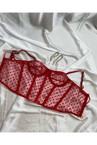 Dante Kadın Desteksiz Puantiyeli Balenli Kırmızı Vintage Korse