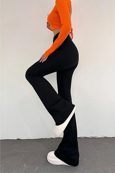 EDAMODA Women's Large Size Black Flare Leg High Waist Diving Fabric Tights