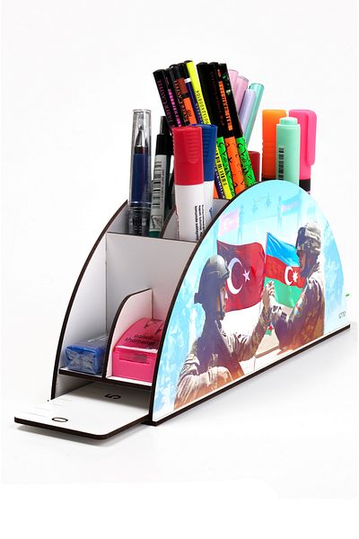 kutuTR Wooden VİP Türkiye-Azerbaycan Series Rainbow Ruled Desktop Pen Holder Organizer with Assembled Box