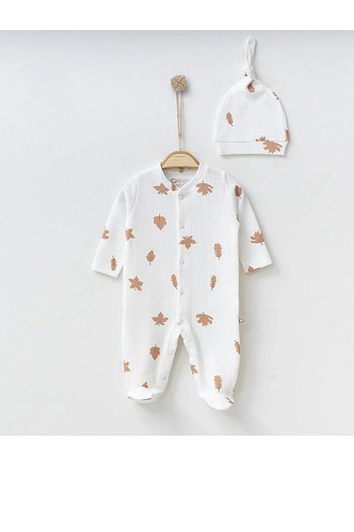 dubi baby Ecru Unisex Natural Organic Leaf Pattern Front Buttoned Hat and Booties Natural 2-Piece Baby Jumpsuit