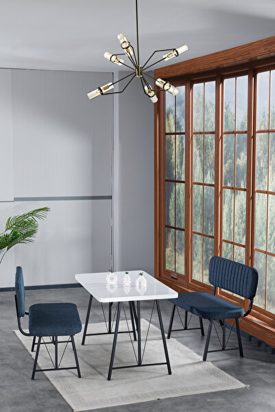 Mygusi Hayat 70x110 Beyaz Mutfak Masası, Mutfak Masası Takımı, Yemek Masası, 2 Benchli - Lacivert