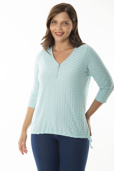 Şans Women's Large Size Green Front Placket Zippered Hem Lace Up Seersucker Fabric Blouse 65N36967