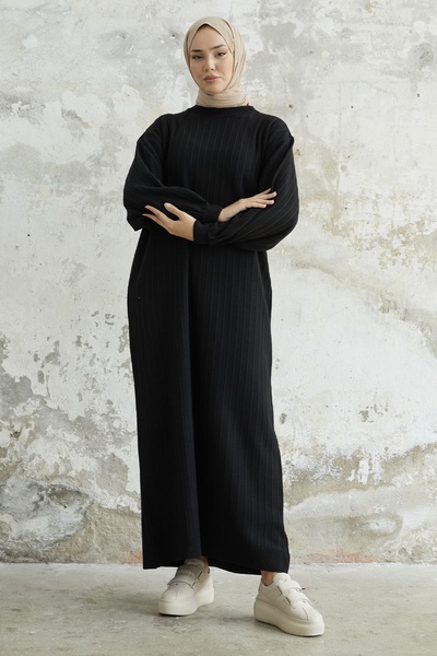 InStyle Elois Balloon Sleeve Ribbed Knitwear Dress - Black