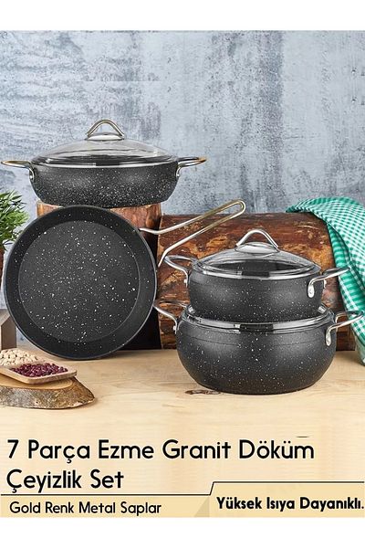 FİTHOME 7 Pieces 20-22 Cm Deep Pot 26 Cm Rice Pot 26 Cm Pan Can Enter the Oven Granite Pot Set