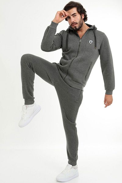 Marco Ferry Anthracite Men's Front Zipper Hooded 3 Thread Cuffed Leg Winter Tracksuit Set 201506ant