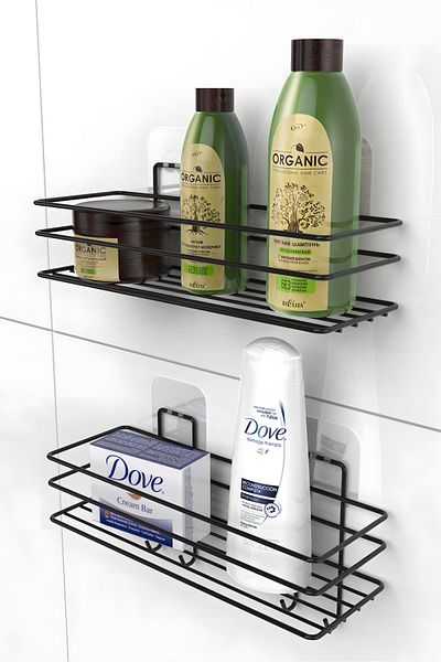 KARTEYA Adhesive Stainless Bathroom Shelf Matte Black Bathroom Shampoo Holder Shower Cabin Shower Hanger Set of 2