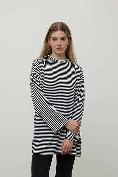 Manuka PRUHOVANÉ TRIČKO S DLOUHÝM RUKÁVEM PRUŽKY S-ČERNÉ