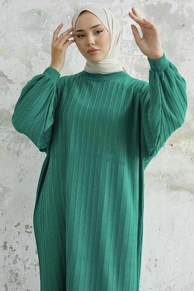 InStyle Πλεκτό φόρεμα Elois Balloon Sleeve Ribbed - Πράσινο
