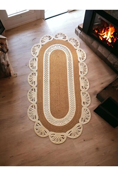 MUGG LİFE ARETE Jüt Hasır El Dokuma Krem Hasır Oval Tasarım Modern Şık Kenarl...
