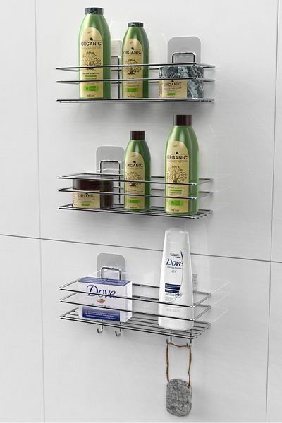 KARTEYA Set of 3 Adhesive 4 Hooks Stainless Bathroom Shelf Silver Bathroom Shampoo Holder Shower Cabin Shower Hanger