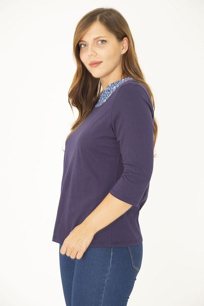 Şans Women's Large Size Navy Blue Cotton Fabric Collar Detailed Blouse 65N36964