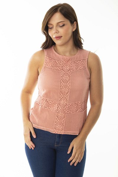Şans Women's Large Size Salmon Front Lace Inside Viscose Blouse 65N36941