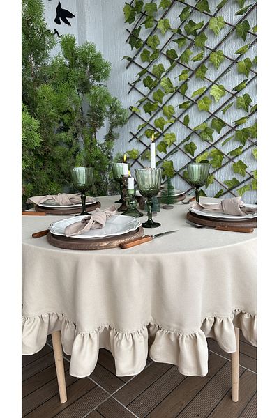 Decamor home Μαλακό ύφασμα μπεζ βολάν Vintage στρογγυλό τραπεζομάντιλο χωρίς αγκώνες