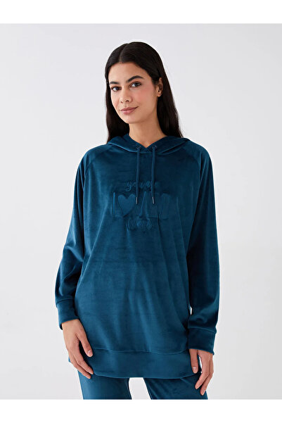 LC Waikiki DREAM Kapüşonlu Nakışlı Uzun Kollu Kadife Kadın Pijama Üst Sweatshirt