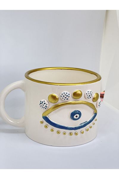 sim atölye Eye Patterned Handmade Evil Eye Beaded Coffee Cup Mug