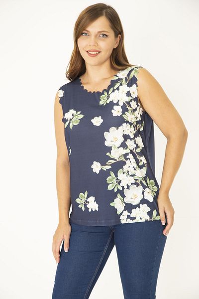 Şans Women's Large Size Navy Blue Collar and Cuff Laser Cut Blouse 65N36946