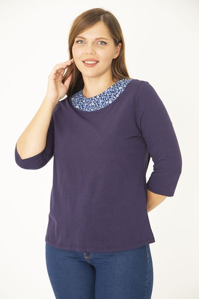 Şans Women's Large Size Navy Blue Cotton Fabric Collar Detailed Blouse 65N36964