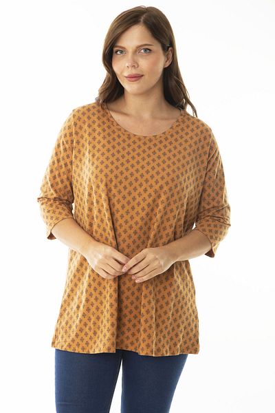 Şans Women's Large Size Mustard Crew Neck Capri Sleeve Patterned Blouse 65N36960