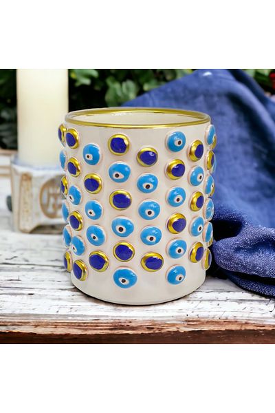 sim atölye Handmade Handleless Mug with Evil Eye Bead Pattern Coffee Cup