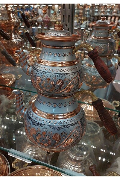 Bakır Center إبريق شاي نحاسي مطرز يدويًا بنمط زهور باللون الرمادي والفضي ومطر...