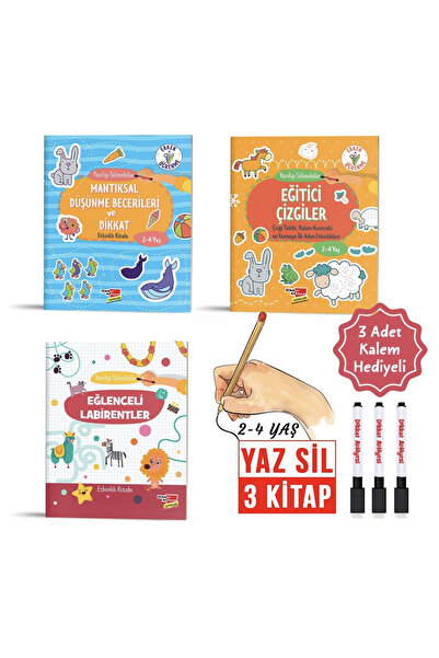 Dikkat Atölyesi Yayınları Yaz Sil 2-4 Yaş Evde Etkinlik 3'lü Kitap Seti