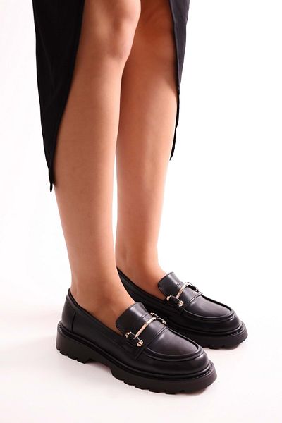 Shoeberry Women's Martha Black Skin Thick Sole Buckle Loafer Black Skin