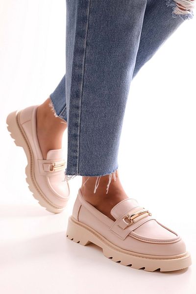 Shoeberry Women's Choc Beige Skin Thick Sole Buckle Loafer Beige Skin