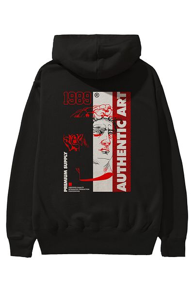 Ankhises Hanorac negru oversize cu glugă, cu imprimeu pe spate, cu artă autentică, bărbați, femei
