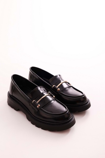 Shoeberry Women's Martha Black Patent Leather Thick Sole Buckle Loafer Black Patent Leather