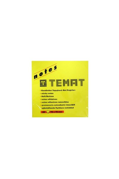 Temat 75X75 mm Highlighter Yellow Note Paper - Adhesive, 80 Yp