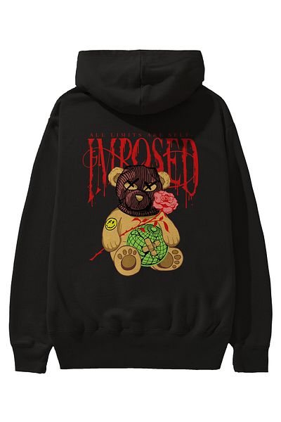 Ankhises Hanorac negru oversize cu glugă cu imprimeu cu spatele ursului All Limits Bărbați Femei