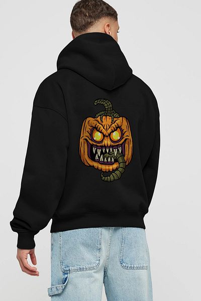 Ankhises Halloween (2) Hanorac negru oversize cu glugă cu imprimeu pe spate Bărbați Femei