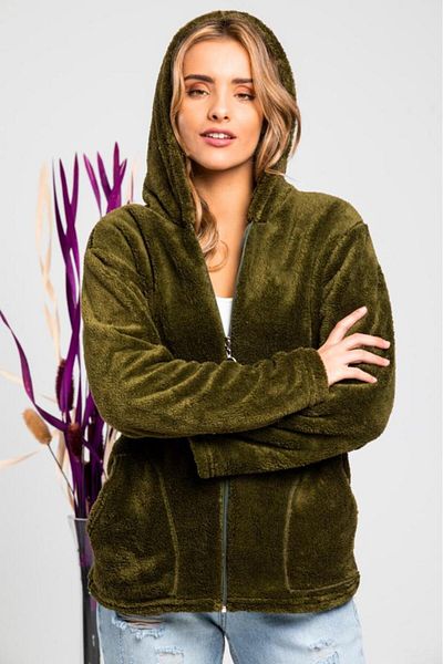 MODA VUSLAT Women's Khaki Green Zippered Fleece Cardigan