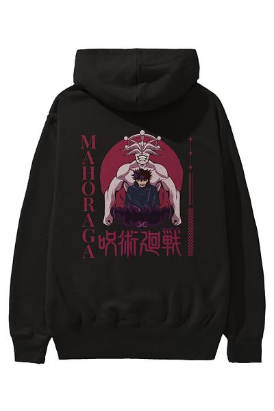 Ankhises Hanorac negru oversize cu glugă cu imprimeu pe spate Mahoraga Bărbați Femei