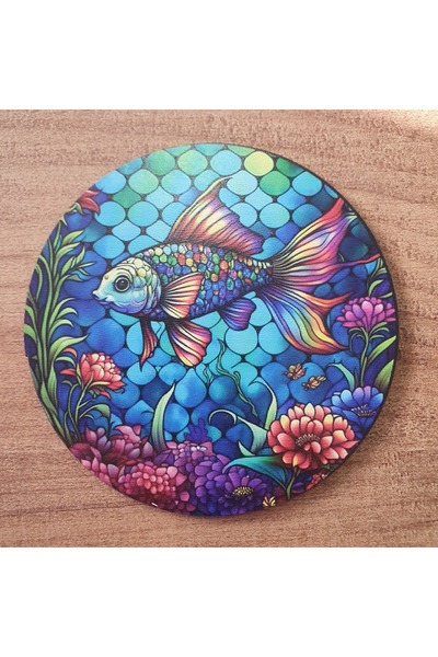 fırsatlar diyarı Rainbow Fish-Balık Desenli Ahşap Bardak Altlığı (6 Adet)