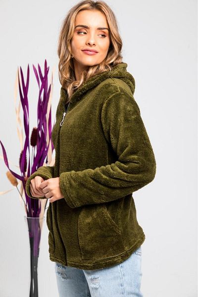 MODA VUSLAT Women's Khaki Green Zippered Fleece Cardigan