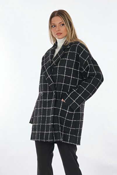 Perspective Double Breasted Collar Plaid Patterned Black-White Women's Coat24250702
