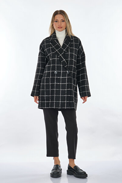 Perspective Double Breasted Collar Plaid Patterned Black-White Women's Coat24250702