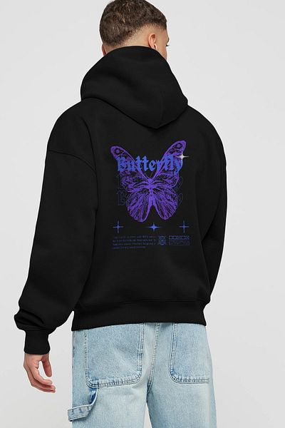 Ankhises Butterfly Streetwear Imprimat pe spate Hanorac negru supradimensionat cu glugă Bărbați Femei