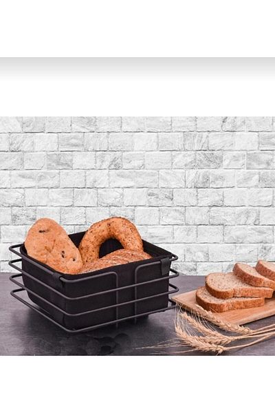 METALAY Square Bread Basket Multi-Purpose Black Stainless Basket Black Fabric Bread Holder