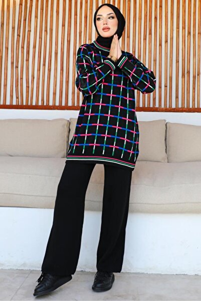 benguen 23002 Square Patterned Double Suit Black