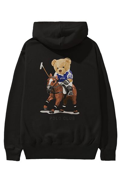 Ankhises Teddy Bear Polo Club Spate Imprimat Negru Oversize Glugă Hanorac Bărbați Femei