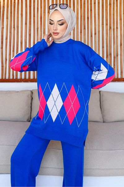 benguen 23000 Diamond Patterned Knitwear Set Saxe Blue