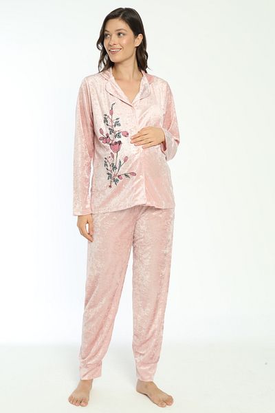 Miss Dünya Lissa Salmon Front Buttoned Velvet Maternity and Maternity Pajamas Set