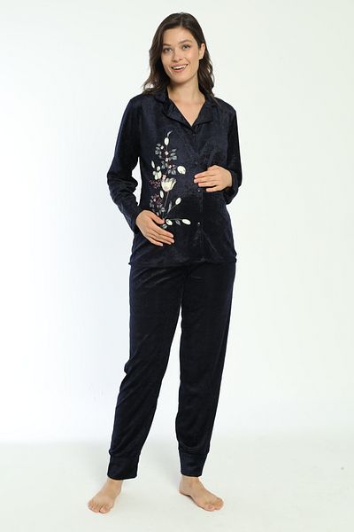 Miss Dünya Lissa Navy Blue Buttoned Front Velvet Maternity and Maternity Pajamas Set