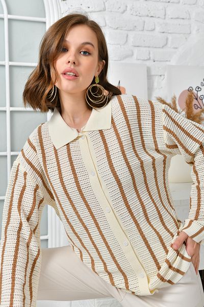 VOLT CLOTHİNG Cardigan cu dungi cu mânecă lungă, guler de cămașă pentru femei